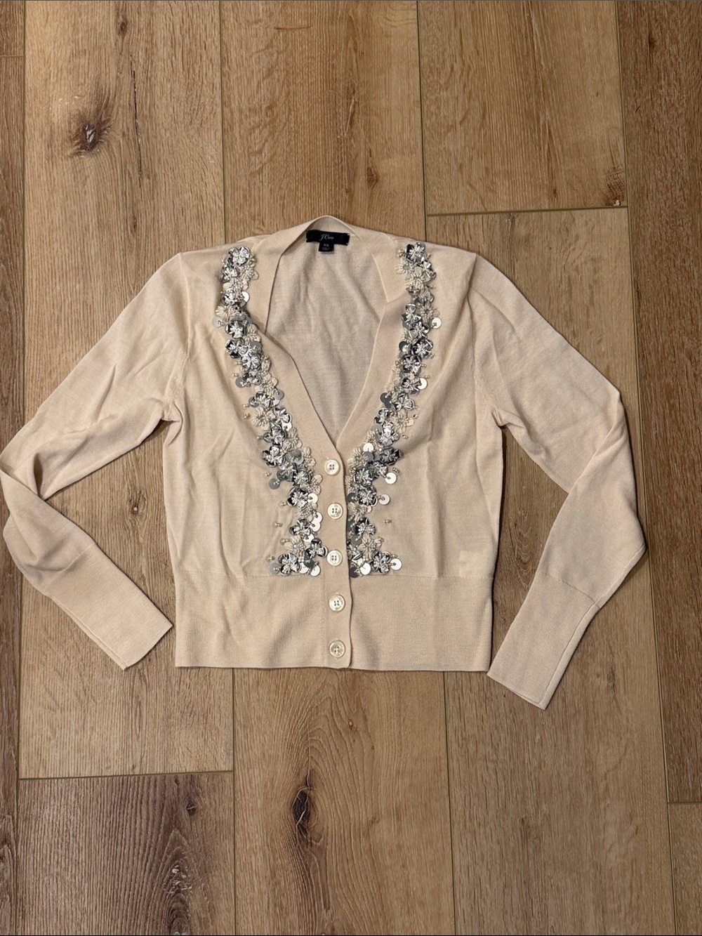 J. Crew | Cream Embellished V-Neck Cardigan | 💯 Merino Wool | size XS | NWOT